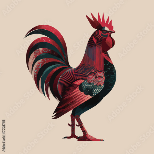 A vibrant and detailed rooster stands proudly, showcasing bold colors and unique patterns. This artistic representation highlights its majestic plumage and lively character.