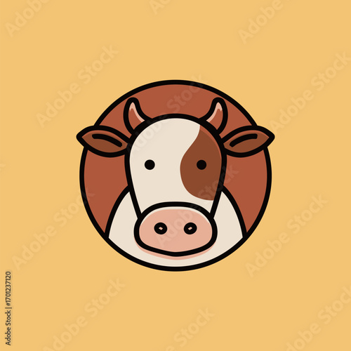 Colorful cartoon cow head with distinctive features set on a vibrant yellow background. Suitable for childrens themes or farm-related projects.
