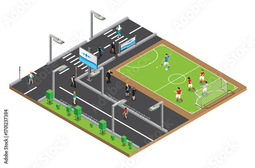 Modern Isometric Live Soccer Tournament with streets and stadiums Illustration, Suitable for Diagrams, Infographics, Book Illustration, Game Asset, And Other Graphic Related Assets