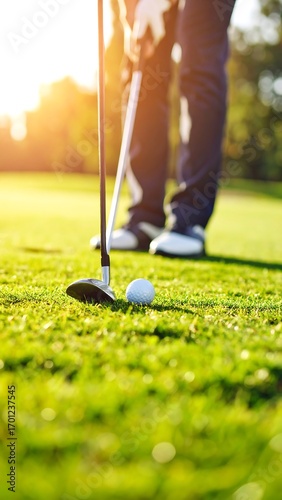 Close-up golf shot, club poised over ball on green