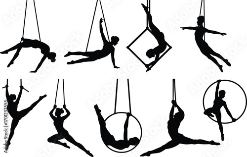 Aerial acrobat silhouette, circus performer vector, aerial hoop illustration, trapeze artist design, aerial dancer graphic, gymnastics performance, isolated acrobat figure