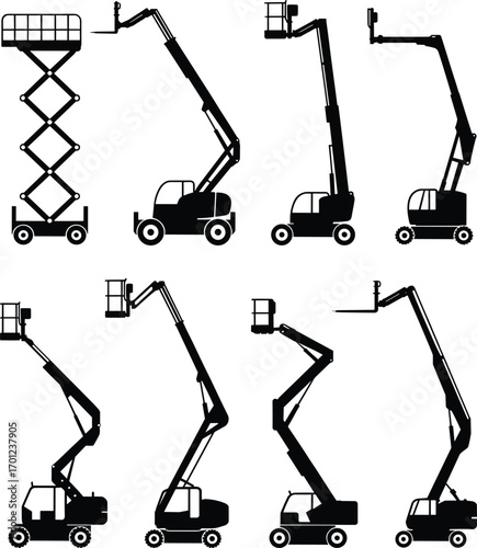 Aerial lift platform icons, construction boom lift illustrations, scissor lift silhouettes, cherry picker machines, mobile elevation equipment vector set