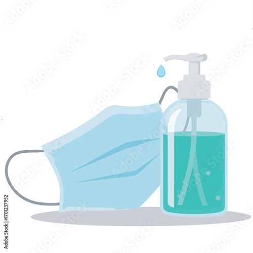Protective medical face mask and alcohol-based hand sanitizer gel for effective hygiene and preventing the spread of disease vector illustration