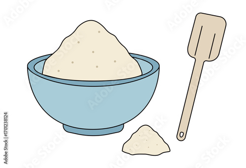 Bowl of flour with spatula illustration for baking ingredient, cooking preparation, and kitchen utensil concept design