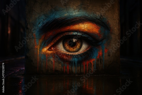 Neon surreal eye mural on cracked city wall with dripping spray paint hyper detailed urban street art close up and gritty textured concrete backdrop