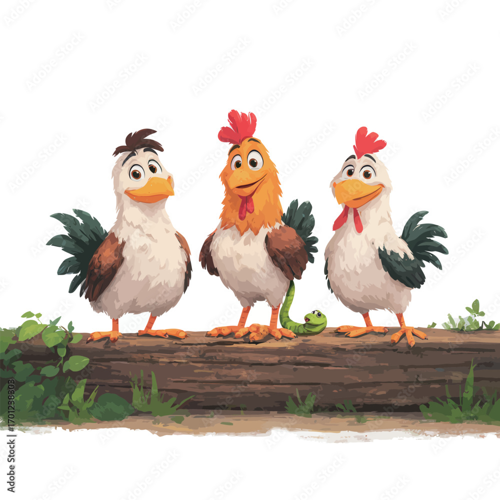 Fototapeta premium Three colorful cartoon chickens gather on a log in a vibrant setting. One chicken, bright and cheerful, interacts with a small green snake.