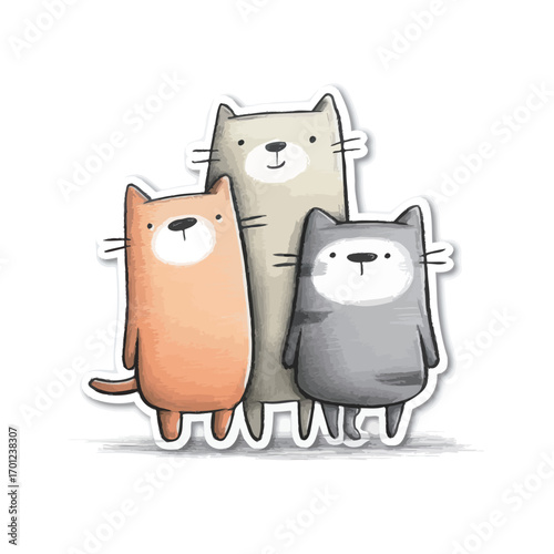 Three adorable cartoon cats of different colors stand together, showcasing their friendly expressions. The orange, gray, and beige cats appear playful and inviting.