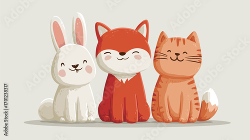 A rabbit, fox, and cat sit side by side, showcasing their adorable expressions. Each animal has a distinct color and features, creating a cheerful composition.