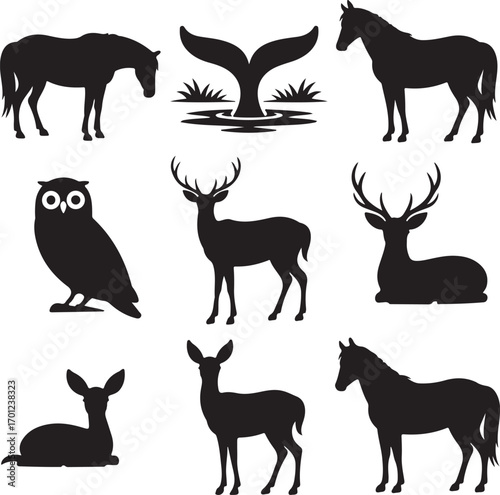 Collection of eight black animal silhouettes including horses deer and owl vector illustration