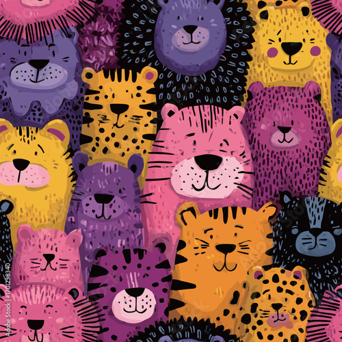 A vibrant display of colorful animal illustrations features playful faces and diverse species, creating a joyful and lively atmosphere.