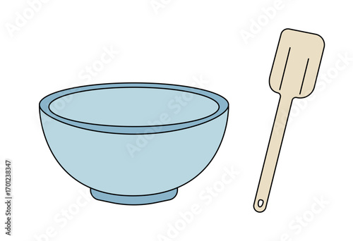 Empty bowl with spatula illustration for cooking preparation, baking utensil, and kitchen tool concept design