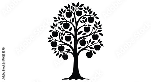 a tree silhouette with hanging fruits and leaves
