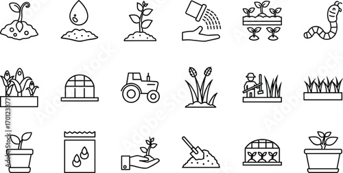 Agriculture icons set, planting and farming symbols, seedlings, watering, greenhouse, tractor, soil preparation, seed packets, crop growth, gardening tools, sustainable farming, organic plants