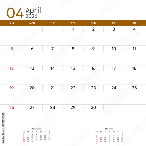 April 2026 Calendar. Week start on Sunday. Desk calendar 2026 design, simple and clean design, Wall calendar for print, digital calendar, Corporate design planner template vector.