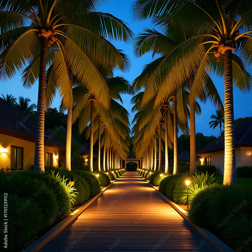 Fototapeta premium A beautifully lit tropical pathway lined with tall palm trees at night, featuring warm golden lights, lush green foliage, and a serene wooden walkway leading into the distance. Perfect for travel, res