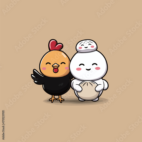 A cheerful black and yellow chicken stands next to a cute white dumpling character, both displaying friendly expressions. They appear to share a fun moment.