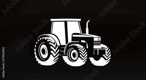 A detailed illustration of a tractor highlights its key features in a minimalist style against a dark background. This design emphasizes the importance of farming machinery.