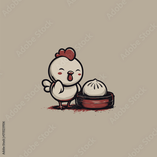 A cheerful chicken character stands beside a steaming dumpling, expressing joy. The illustration features a simple yet charming design on a neutral background.