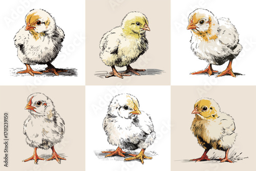 Six adorable baby chicks are depicted in different stances, highlighting their fluffy feathers and varying colors. Each chick has a unique expression and posture.