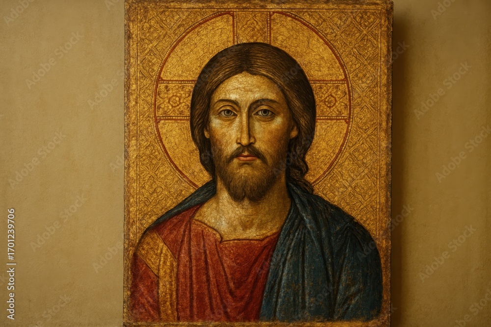 Naklejka premium Byzantine style gold leaf icon of Christ Pantocrator with serene halo intricate patterns aged pigment cracks sacred devotional art photographed with soft light