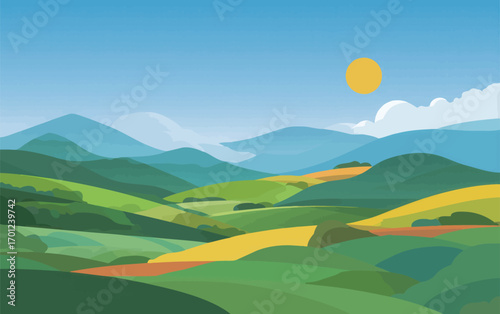 Vibrant green hills stretch across the landscape under a bright sun. The mountains in the background create a serene and peaceful atmosphere, inviting tranquility.