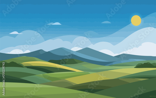 A colorful landscape showcases rolling green hills and mountains under a blue sky. The sun shines brightly, casting a cheerful glow over the serene countryside.