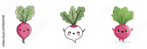 Three adorable cartoon radishes display cheerful expressions and vibrant green leaves, inviting joy and creativity from viewers of all ages.