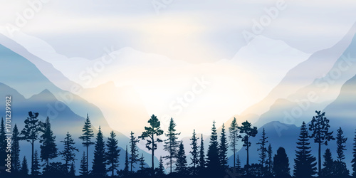 Sunrise in the mountains, wild forest, misty silhouettes of ridges, vector illustration