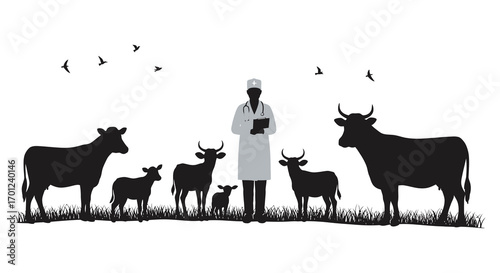 a farmer stands among cows under flying birds