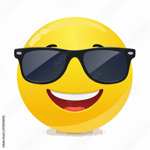 Cool and cheerful yellow emoji face wearing stylish sunglasses, expressing happiness and good vibes in a bright illustration