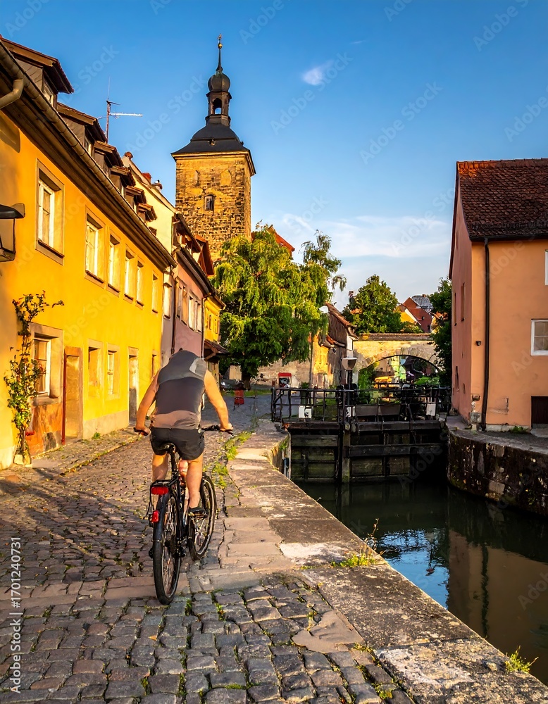 Obraz premium City canal scene, cyclist