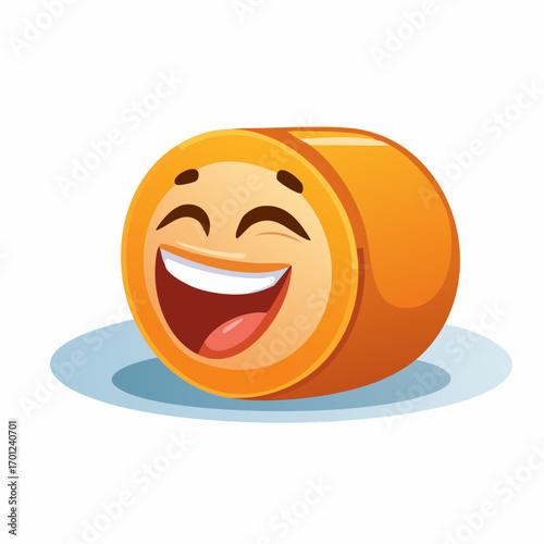 Delightful laughing cartoon food roll character, a cheerful yellow cylindrical snack emoticon, exuding pure joy