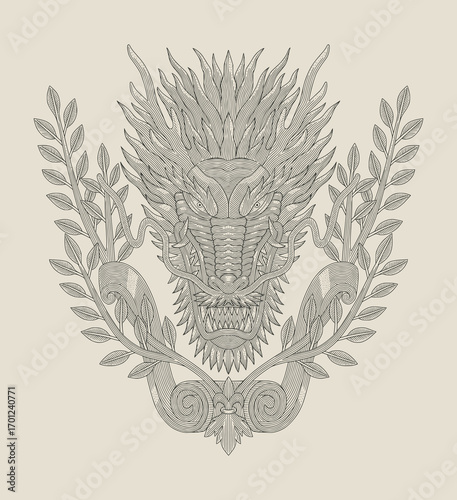 Japananese dragon head with wood design and tree, vintage engraving drawing style illustration