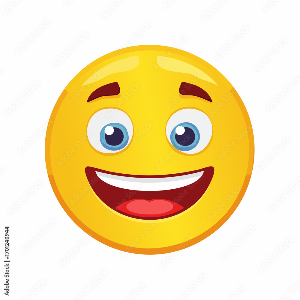 Fototapeta premium Happy Emoticon Face with Big Smile and Blue Eyes, Vector Illustration