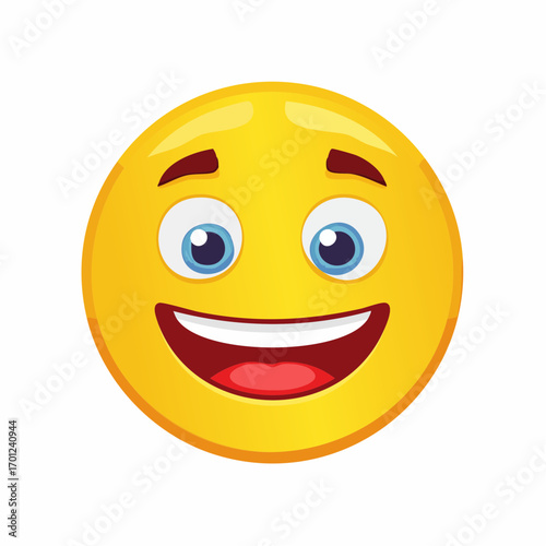 Happy Emoticon Face with Big Smile and Blue Eyes, Vector Illustration