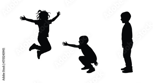 children silhouettes playing jumping and standing