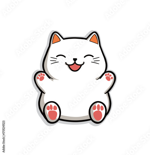 A joyful white cat character with orange ears and a big smile, sitting upright with paws extended. Ideal for cute designs or illustrations for various purposes.