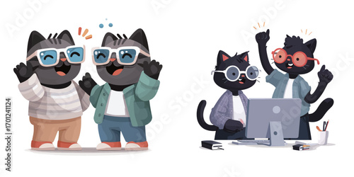 Two black cat characters share a joyful moment while wearing stylish glasses.