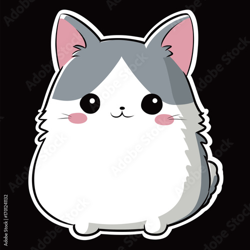 A round, cartoon cat character with fluffy grey and white fur sits against a black background. Its large eyes and rosy cheeks add to its adorable appearance and charm.