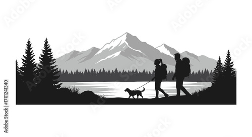 a couple walking their dog near a lake surrounded by mountains