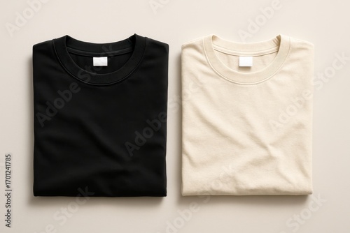 Minimal folded crewneck t shirt mockup set in black and off white on clean seamless background with realistic cotton texture and soft shadows