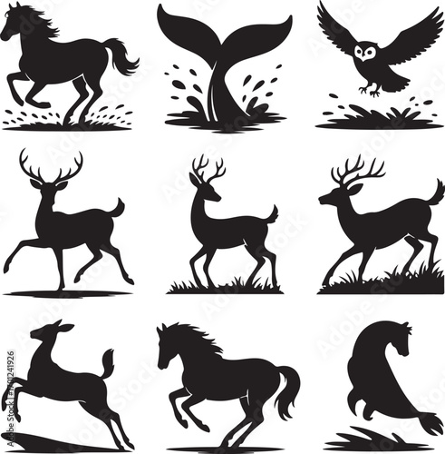 Nine black animal silhouettes featuring horses deer owl and whale tail horse silhouette
