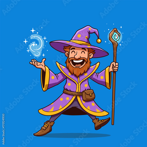Whimsical cartoon wizard with red beard, purple robe, magic staff, and glowing spell.
