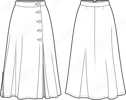 A-line long skirt front and back view, side button detail, flared hem design, fashion CAD drawing flat vector illustration