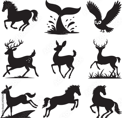 Collection of black animal silhouettes including horses deer owl and whale tail horse silhouette