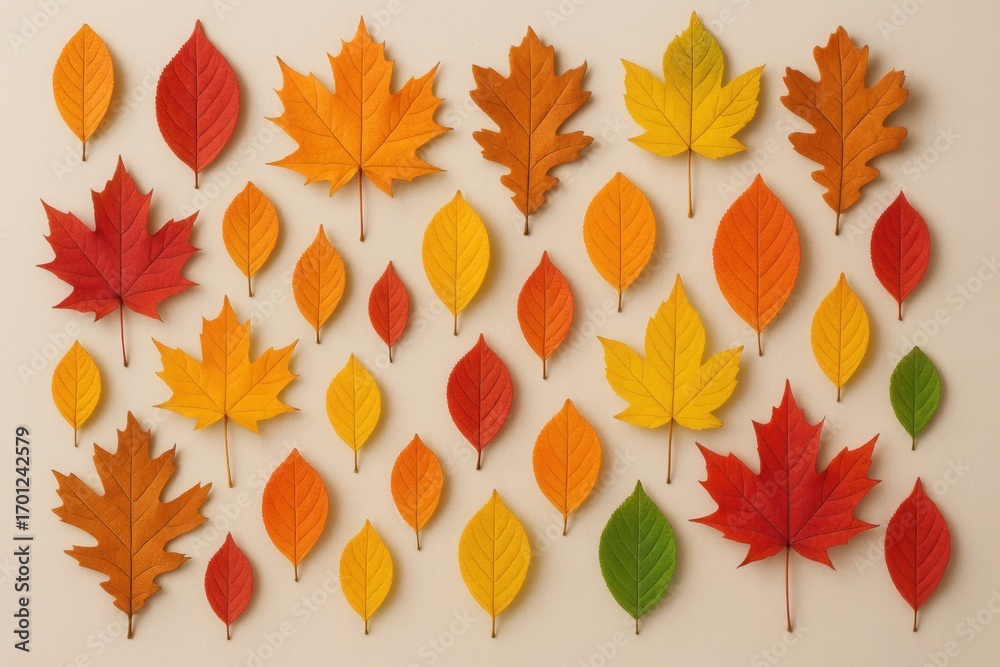 Fototapeta premium Artistic flat lay of vibrant autumn leaves arranged in modern geometric pattern on light backdrop creating a stylish seasonal foliage background