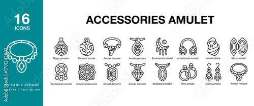 Accessories Amulet icon set. Includes amulet, accessory, pendant, decoration, gift, and More. Editable Stroke Icon Collection.