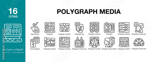 Polygraph Media icon set. Includes media, paper, printer, print, technology, and More. Editable Stroke Icon Collection.