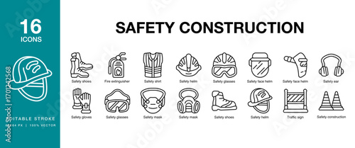 Safety Construction icon set. Includes safety, industrial, construction, industry, worker, and More. Editable Stroke Icon Collection.