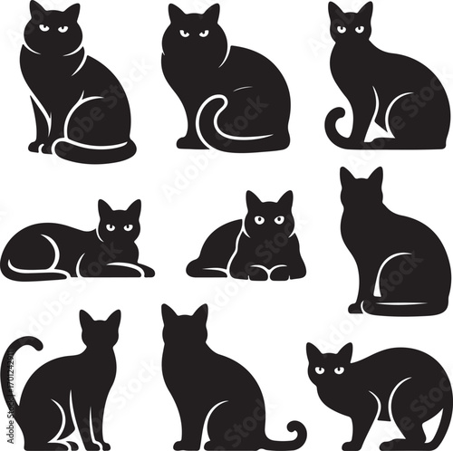 Assortment of Black Cat Silhouettes in Various Poses Keywords: cat, silhouette, black, animal, pet